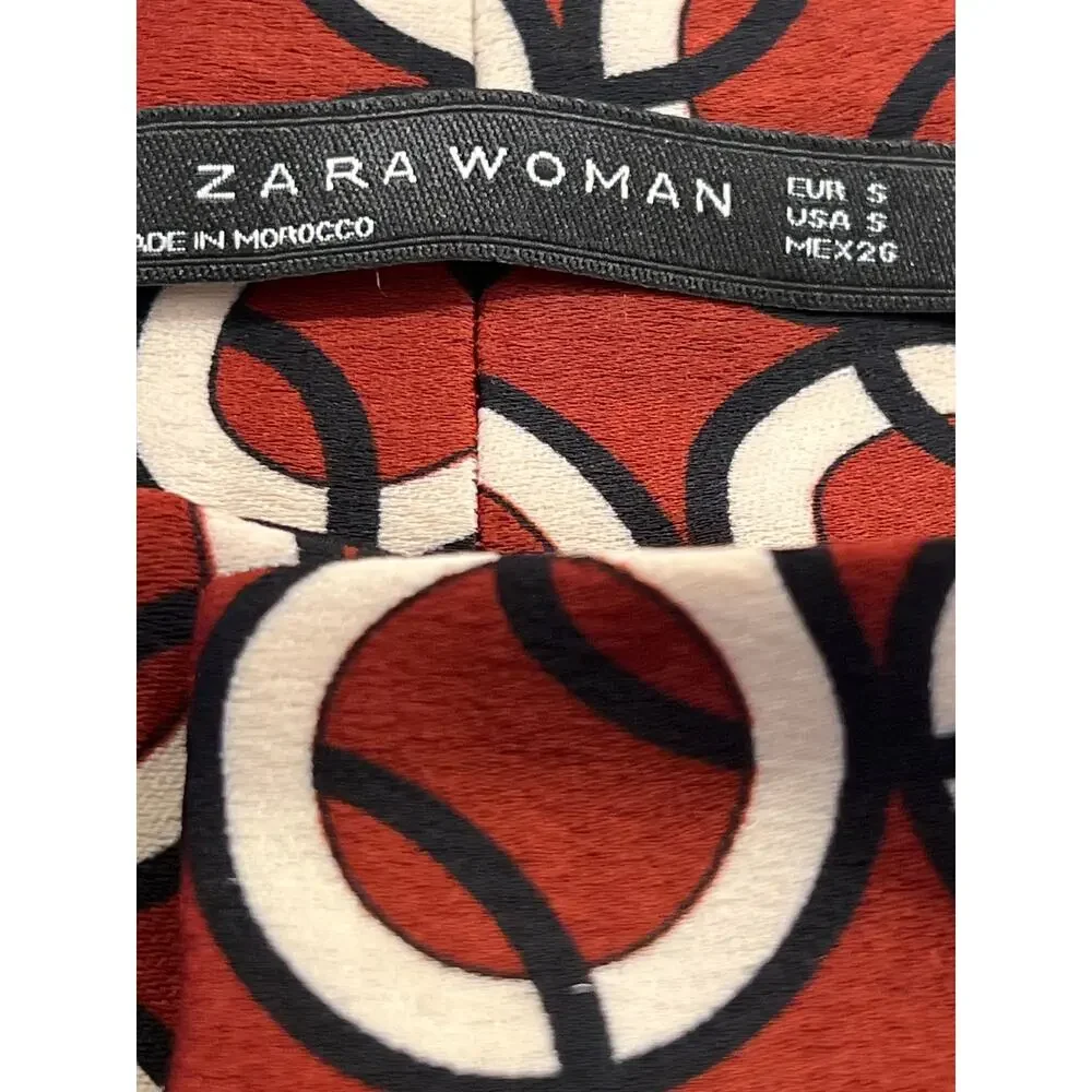 Zara Women's Geometric Print Lightweight Satin Wide Leg Pants Size S Brown Blue‎ - Picture 5 of 5